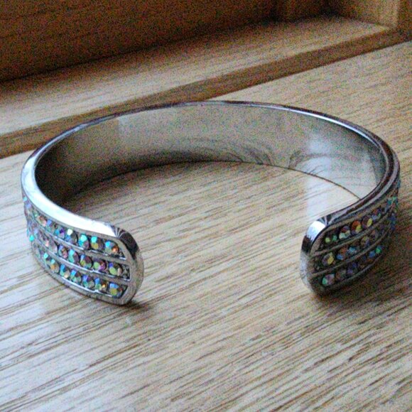 Silvertone Bangle With Three Rows Of Crystals - Picture 13 of 13